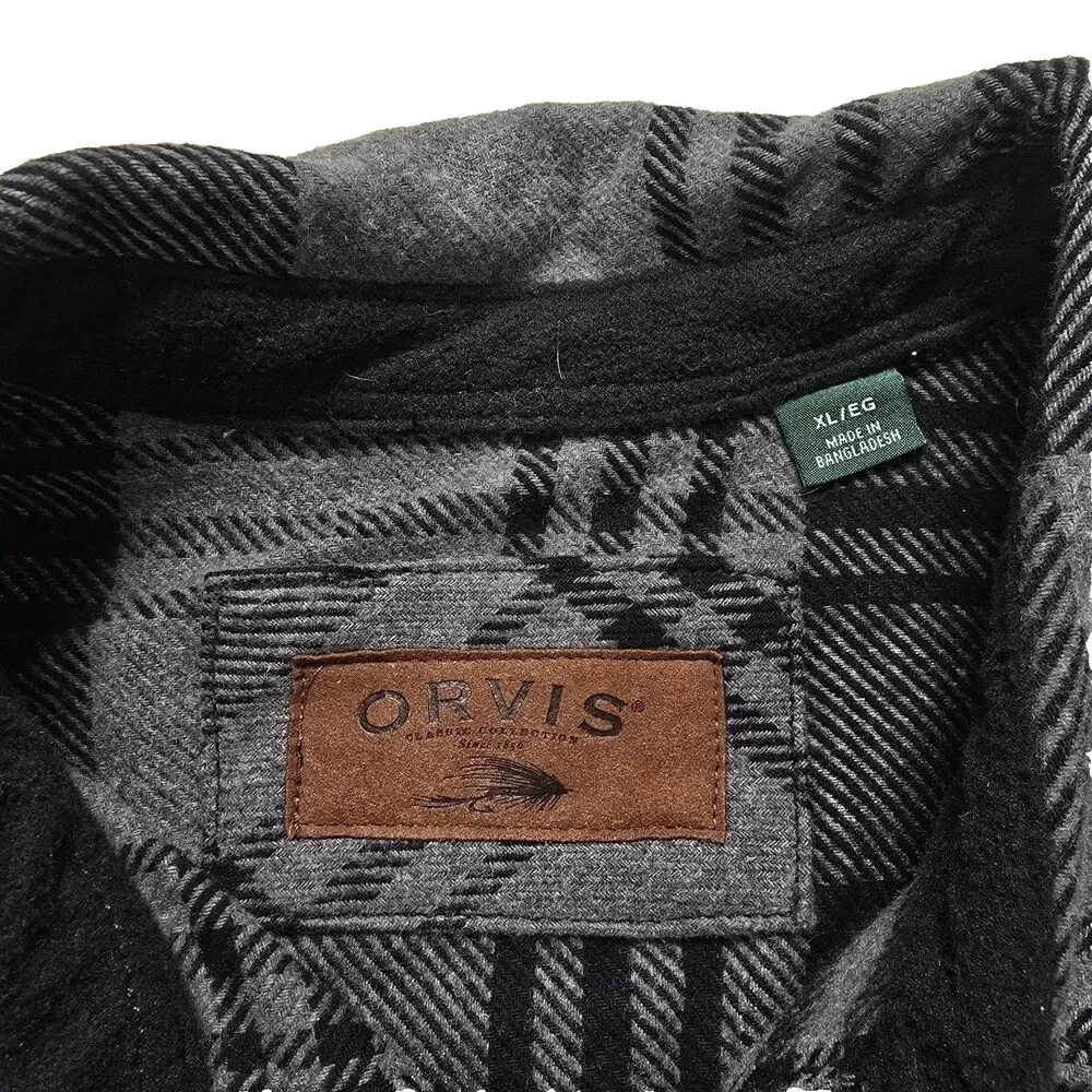 Orvis Gray Black Plaid Big Bear Heavyweight Flannel Long Sleeve Shirt Jacket XL